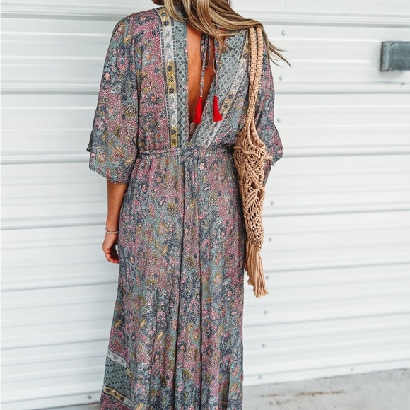 Boho Floral Maxi Dress in Dusty Blue & Pink - Picture 3 of 6